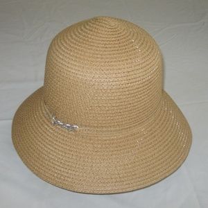 Beige Straw Cloche Hat with Silver Accent